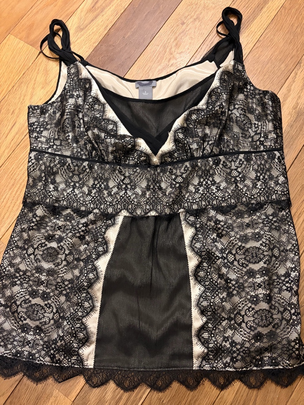 Ann Taylor Black Lace-Overlay Camisole with Cream Panels